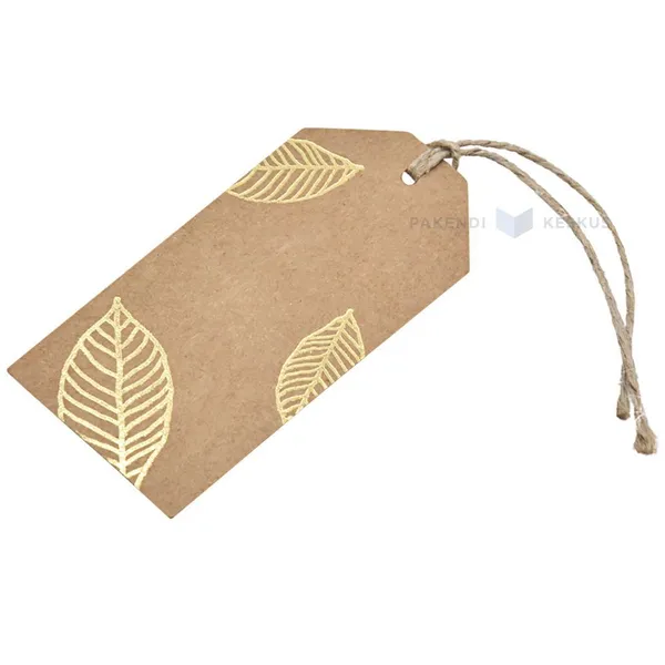 Brown with golden leaves print carton label with string 80x40mm, 10pcs/pack