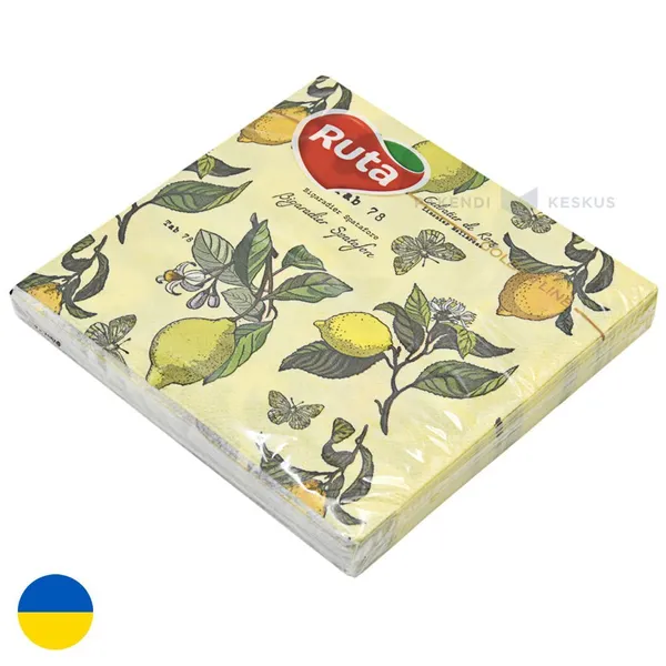 Lautasliina, 33x33cm, sitruunat ja lehdet taitettu 1/4, 2-kerroksinen, 20kpl/pkt