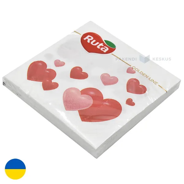 Lautasliina, 33x33cm, valkoinen, punaiset sydämet, 2-kerroksinen, 20kpl/pkt