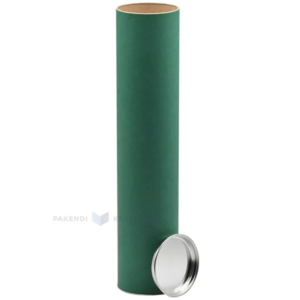 Roheline kartongist postitustoru koos kahe metallist kaanega pikkusega 35cm diam 7,3cm
