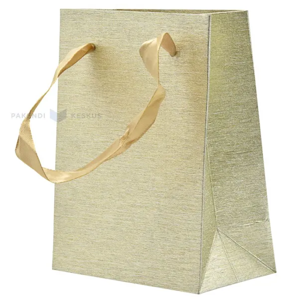 Shiny golden paper bag with ribbon handles 11+6x14cm
