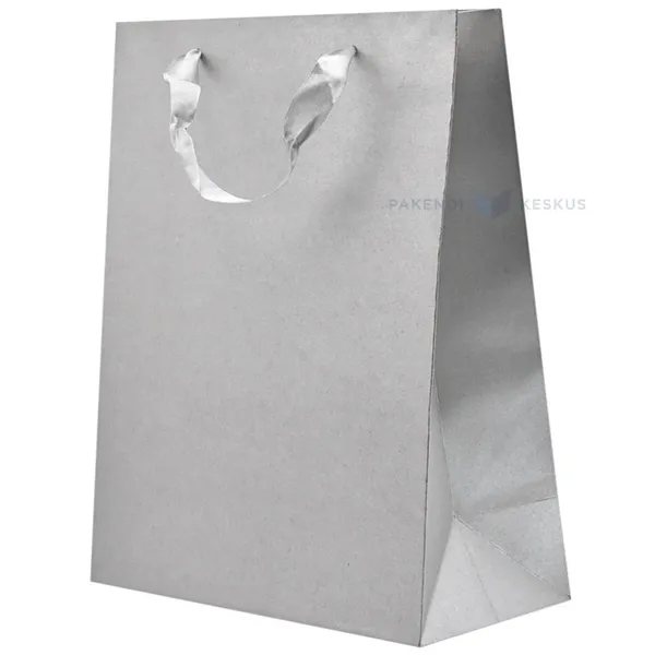 Harmaa lahjapussi nauhakahvalla 26+12x32cm