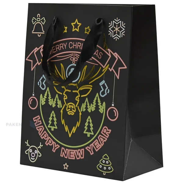 Deer head print black paper bag with ribbon handles 18+10x23cm