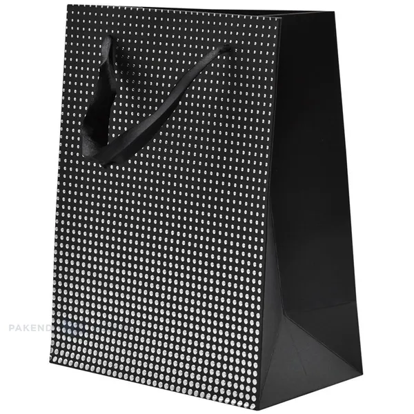 Paelsangaga hõbedaste täppidega must kinkekott 18+10x23cm