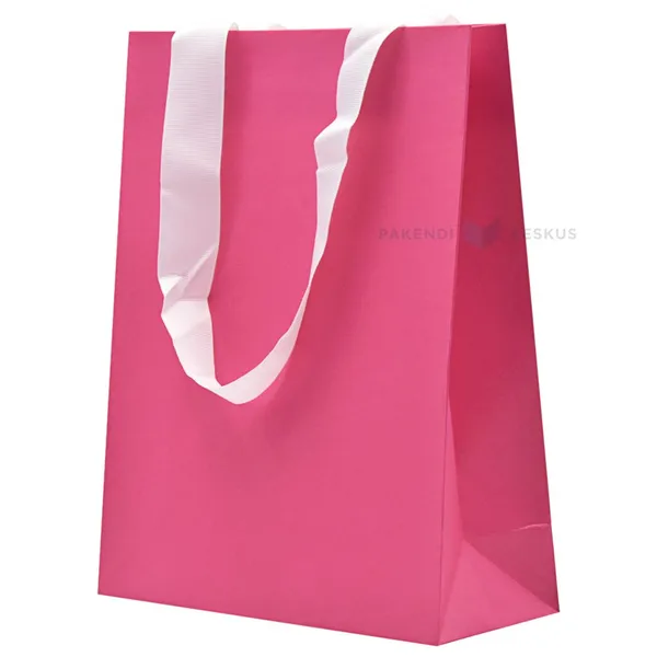 Valgete paelsangadega fuksiaroosa kinkekott 20+8x25cm