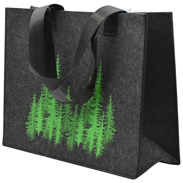 Green forest print grey felt bag with handles 40+15x32cm