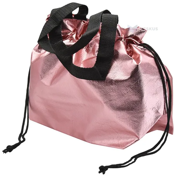 Metallic pink PP non-woven textile bag with drawstring handles 40+14x26cm