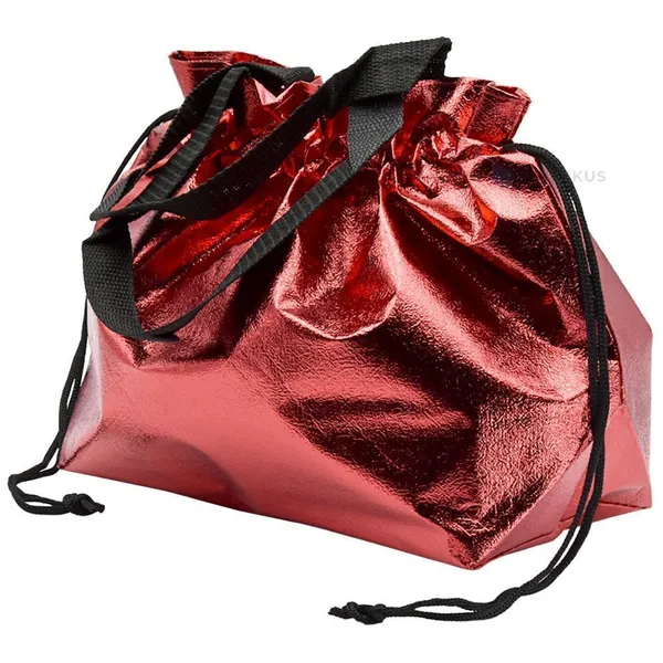 Metallic red PP non-woven textile bag with drawstring handles 40+14x26cm