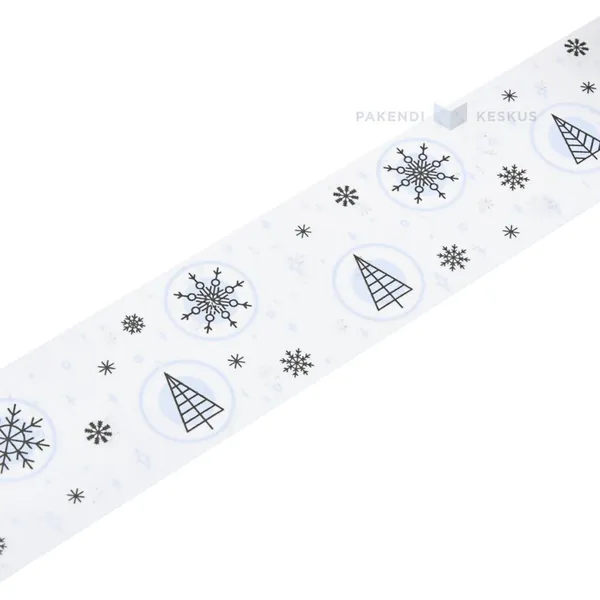 Paperiteippi, 50mmx50m, luonnonkumi/solvent, valk. taustalla kuusia ja lumihiutaleita