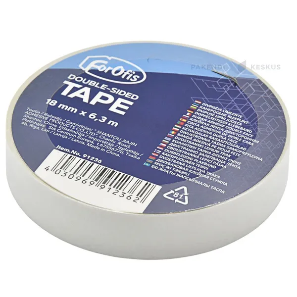 Kaksipuolinen teippi, 18mmx6,3m, väritön, valettu pohja