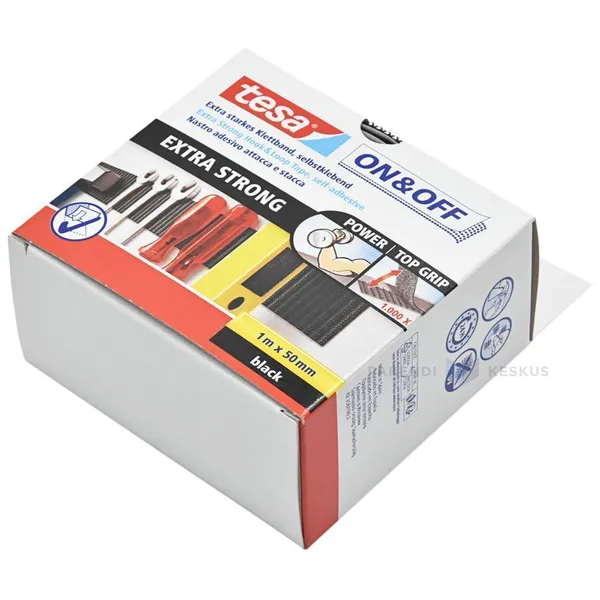 Black strong velcro tape On&Off Tesa 55229 50mm wide, 1m/roll