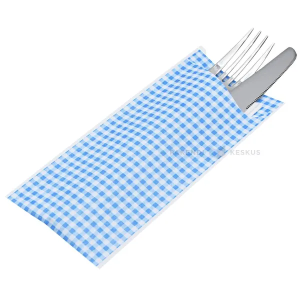 Blue-white square print cutlery pocket with 2-layered napkin 8,5+19cm, 100pcs/box