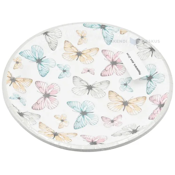 Valge papptaldrik erinevate liblikatega diameetriga 23cm, pakis 8tk