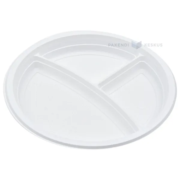 Reusable white plastic 3-compartment plate with arch separation 22cm PP 125x machine washable, 100pcs/pack