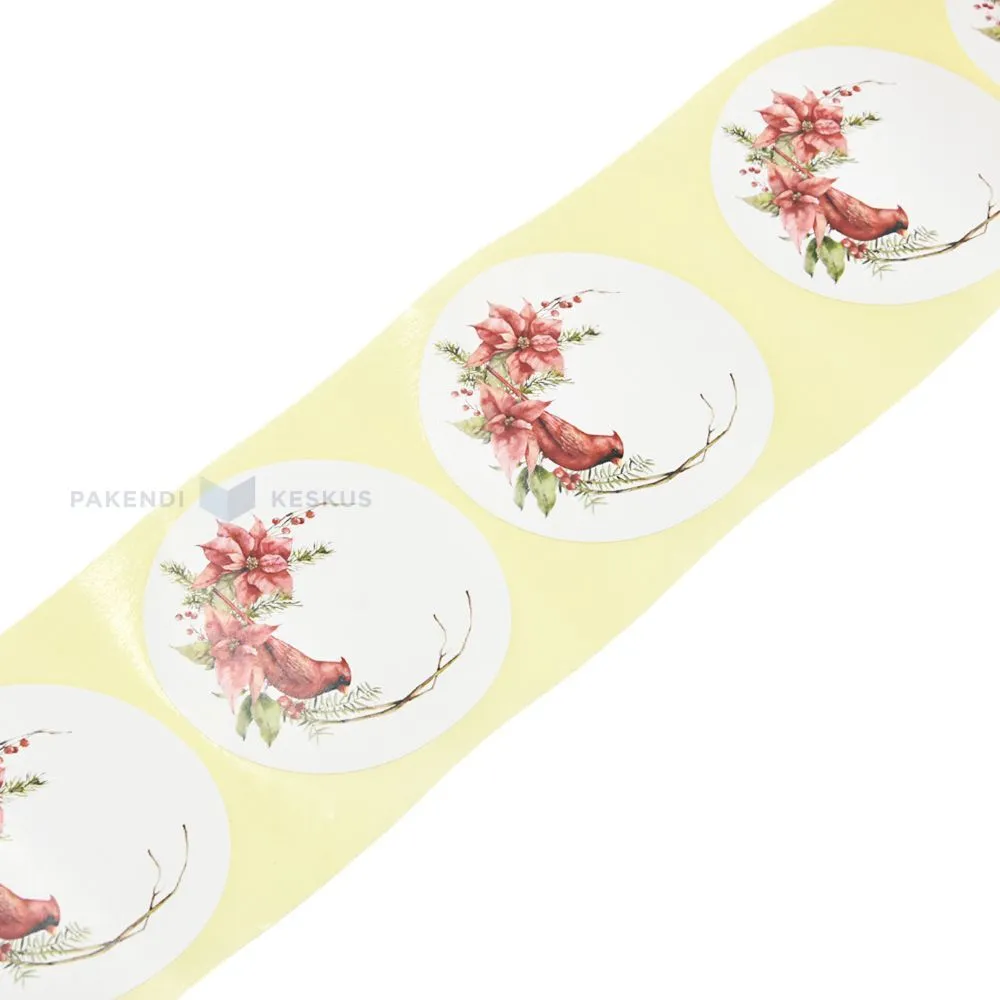 Valge jõulupärja ja linnuga kleebisetikett diameeter 57mm, rullis 50tk