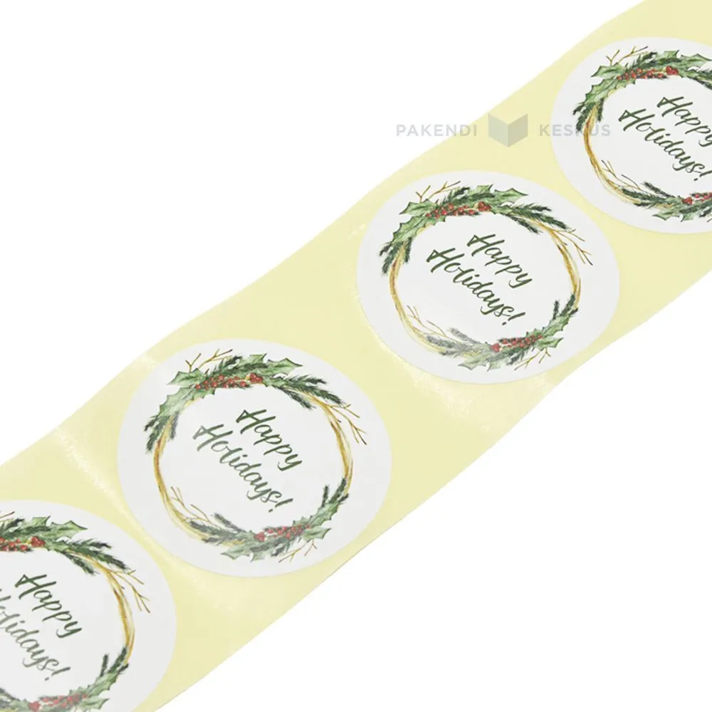 White label Christmas wreath ''Happy Holidays!'' print diameter 57mm, 50pcs/roll