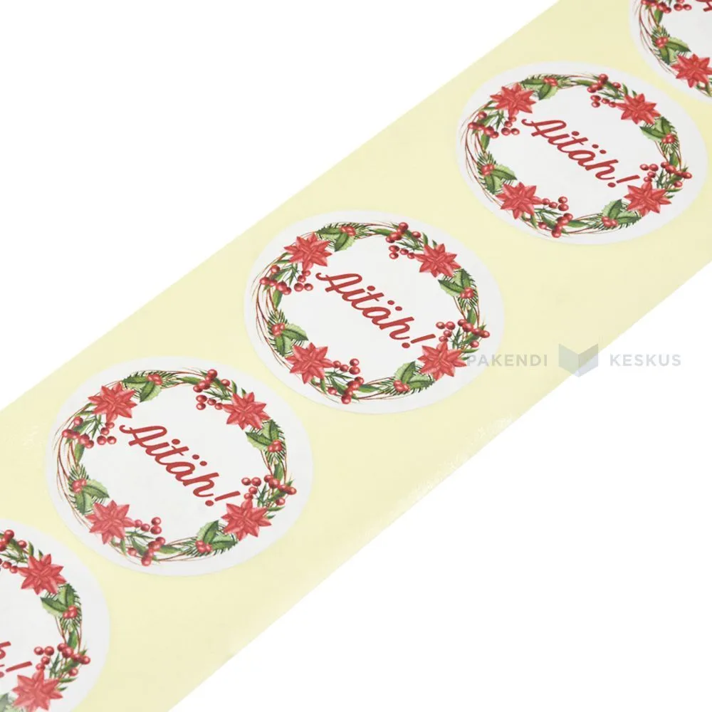 Valge jõulutähtedega pärjaga kleebisetikett Aitäh! diameeter 47mm, rullis 50tk