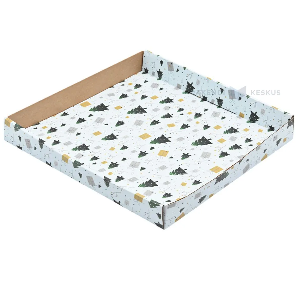 White trees and gifts print lid 250x250x35mm for mini corrugated carton box 250x250x100mm
