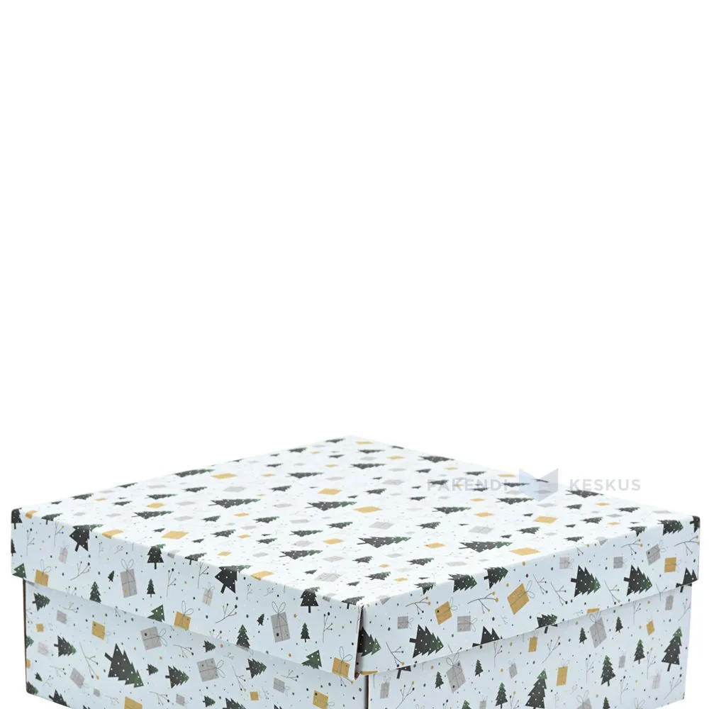 White trees and gifts print lid 250x250x35mm for mini corrugated carton box 250x250x100mm