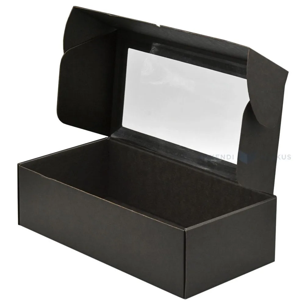Black corrugated carton box with lid with window 320x165x93mm