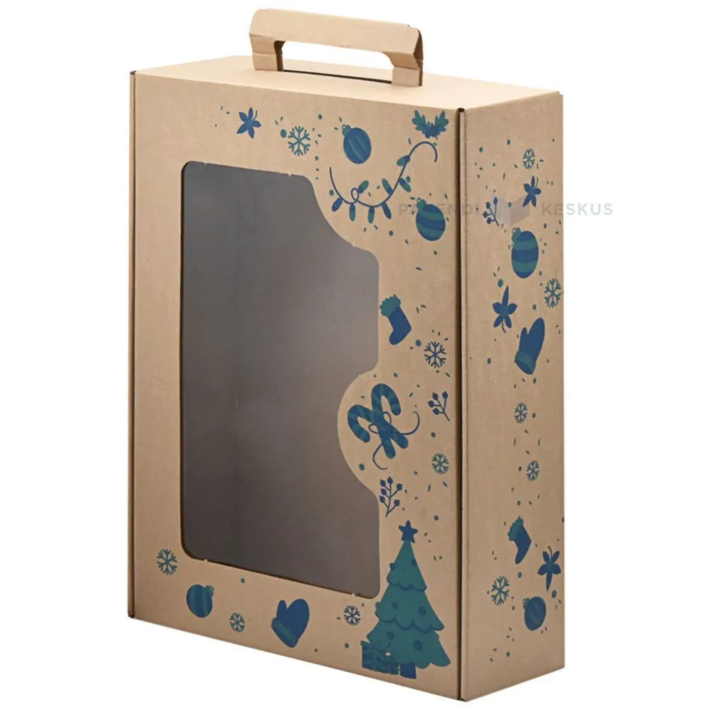 Christmas print corrugated carton box with handle and window 250x350x95mm