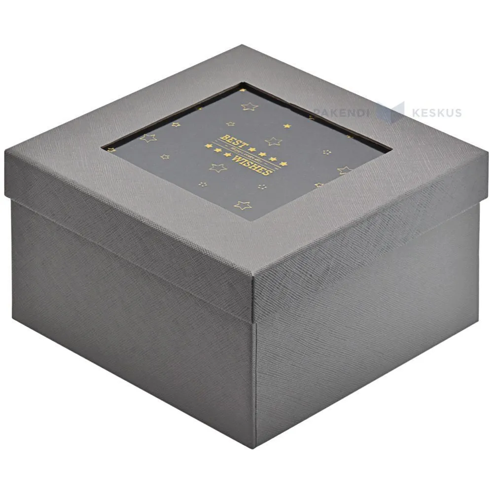 Grey gift box with Best Wishes print window 170x170x100mm