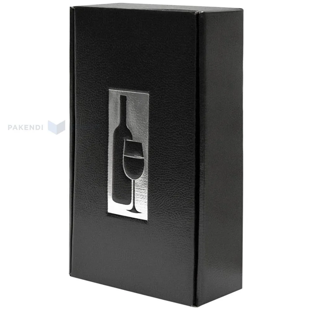 Must hõbedase veini ja pokaali pildiga kinkekarp kahele veinile 185x90x340mm