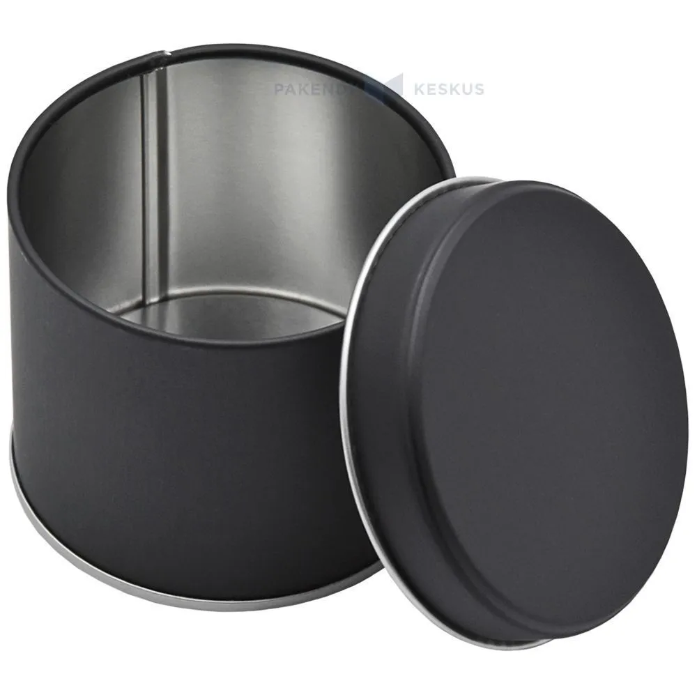 Matte black silver inside metal box with lid with diameter 73mm with height 60mm