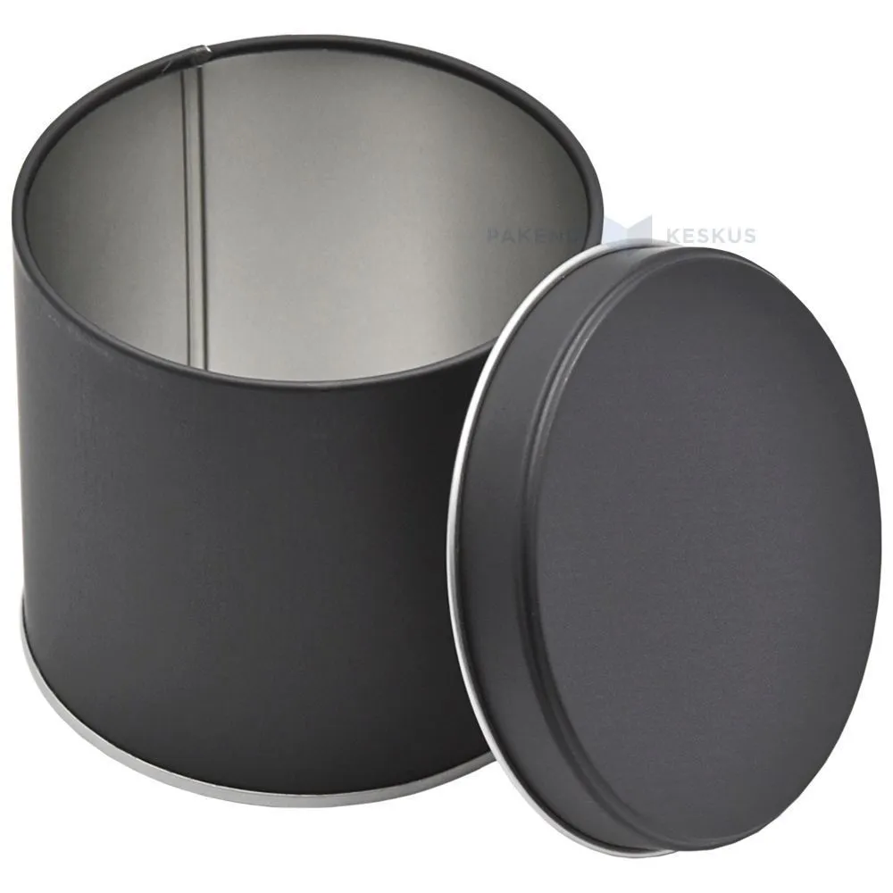 Matte black silver inside metal box with lid with diameter 99mm with height 90mm