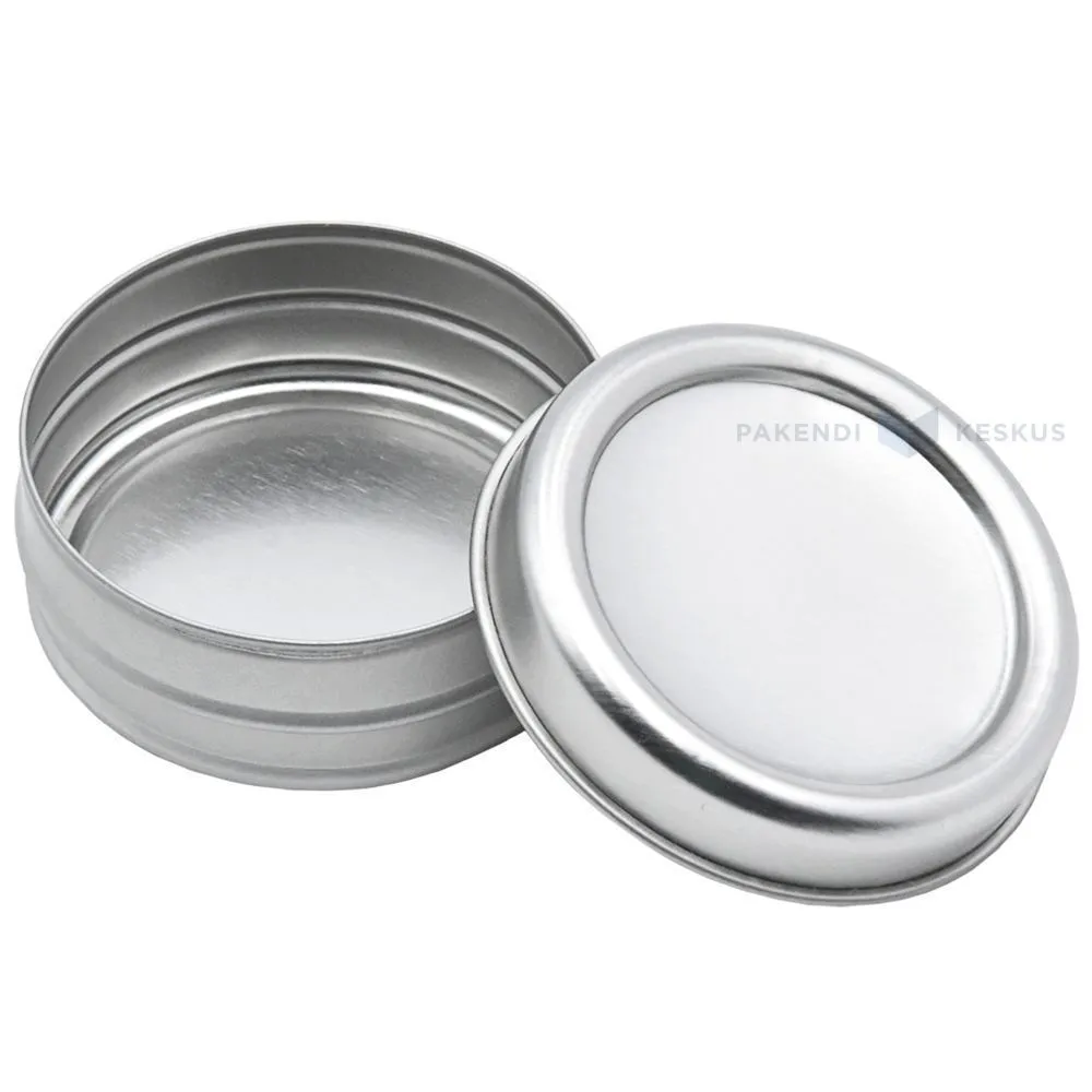Hõbedane metallkarp kaanega diameetriga 50mm kõrgusega 18mm