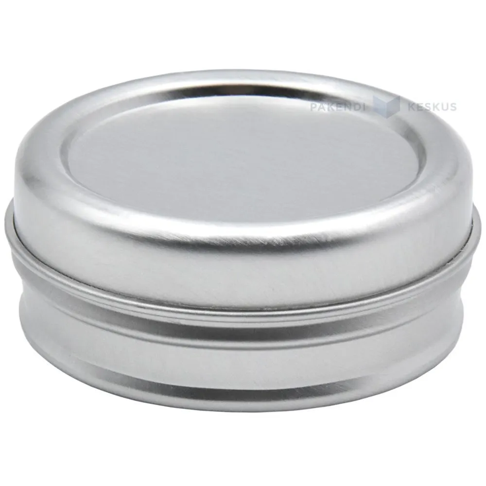 Hõbedane metallkarp kaanega diameetriga 50mm kõrgusega 18mm