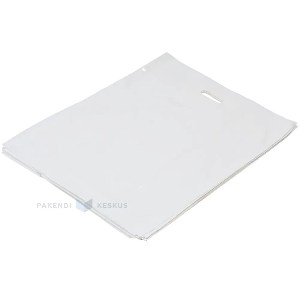 White plastic bag with reinforced punch hole handle 55x60+5cm