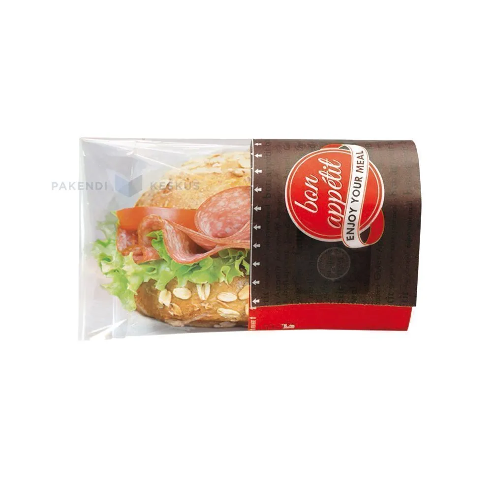 Svietsmaižu iepakojums sarkans ar apdruku "Bon appetit" 13+7x18cm, 50gb./iepakojumā