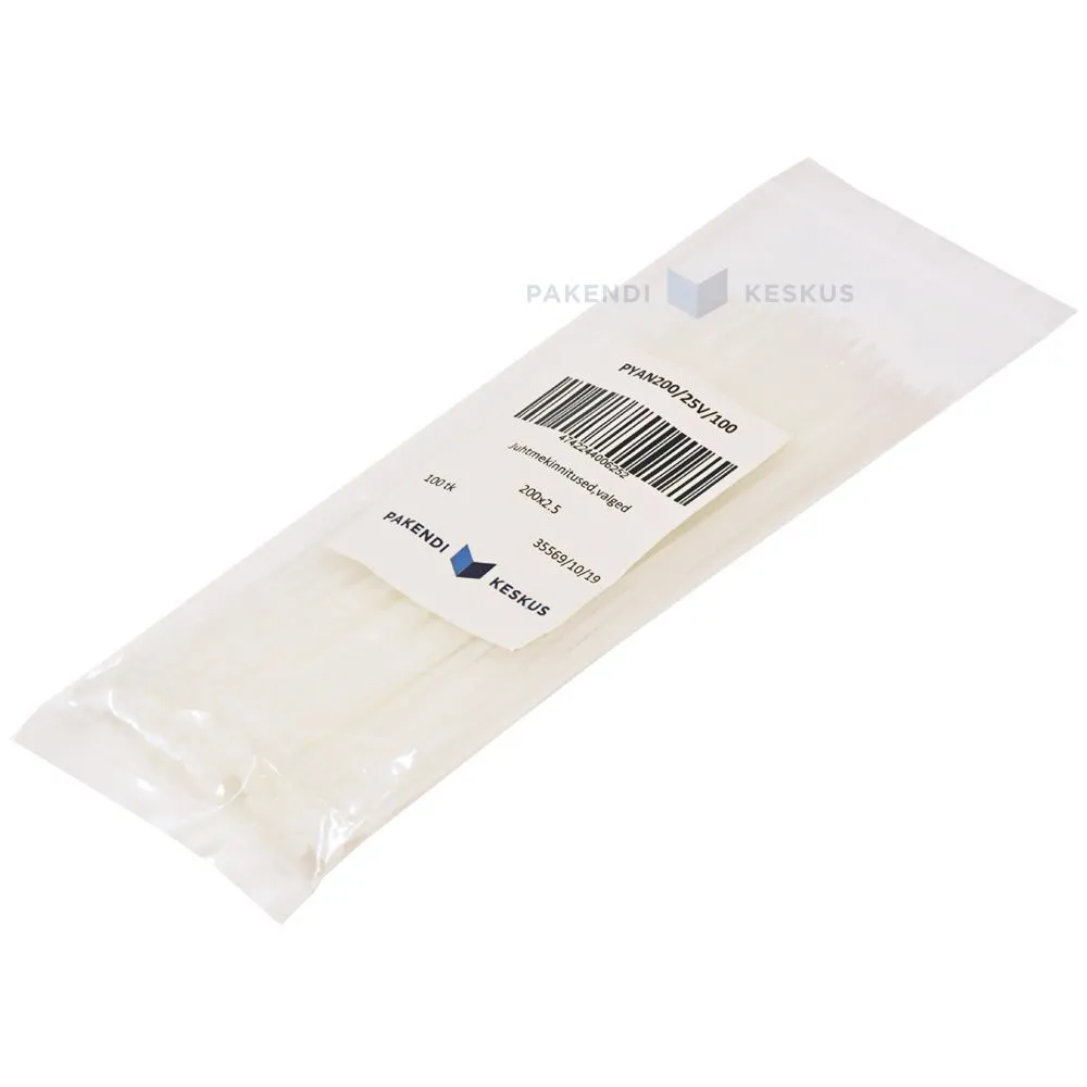 Valge juhtmekinnitus sildiga 2,5x200mm, pakis 100tk