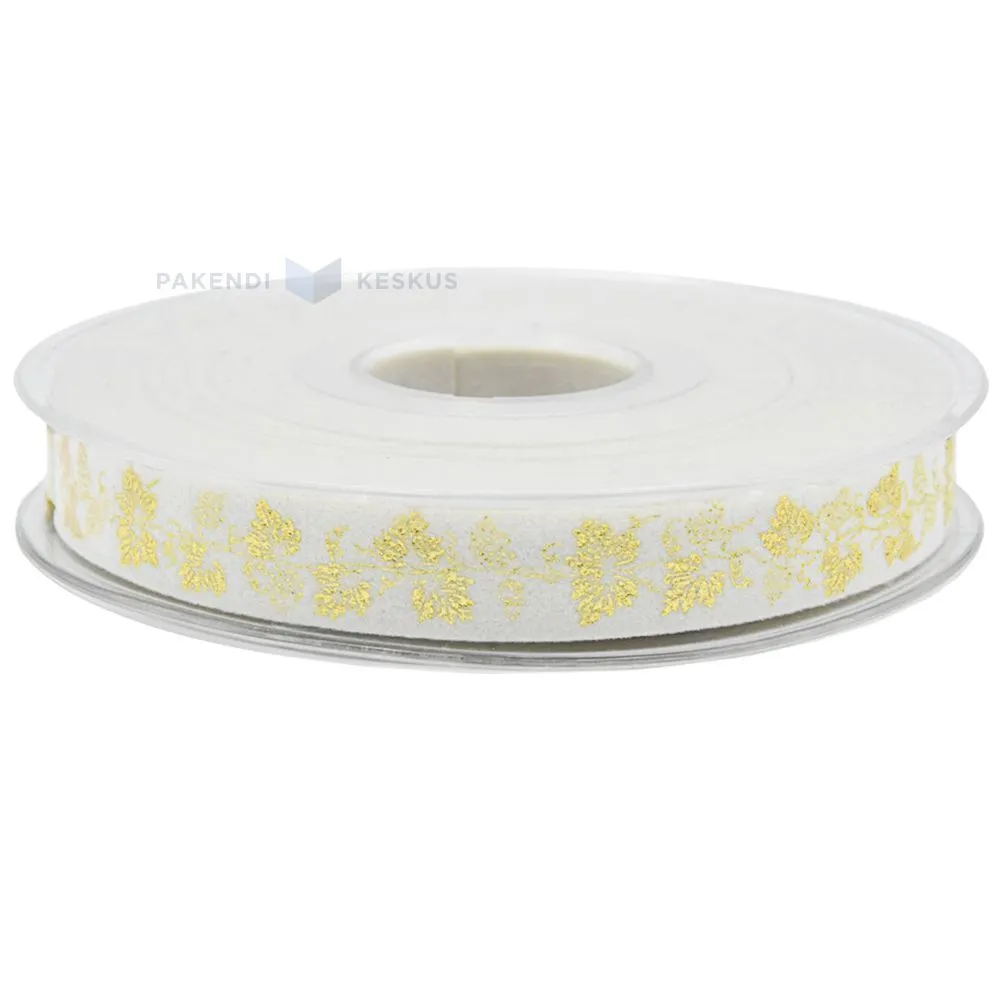 White with golden leaves velvet ribbon 15mm wide, 10m/roll
