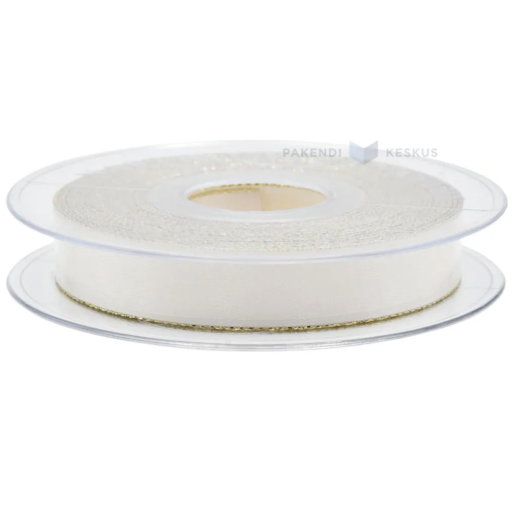Beige with silvery edges satin ribbon 15mm wide, 20m/roll