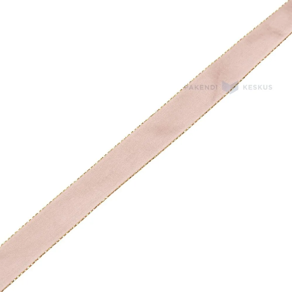 Light-pink with golden edges satin ribbon 15mm wide, 20m/roll