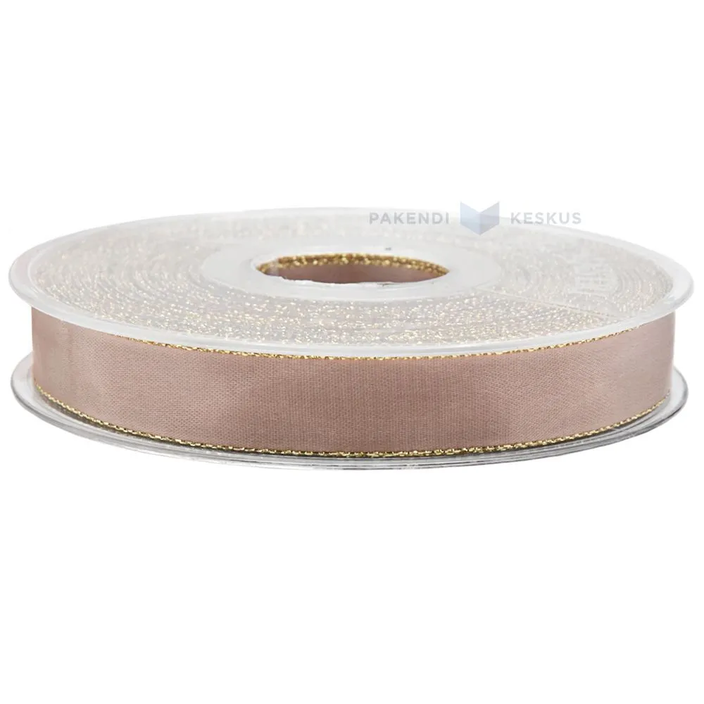 Light-pink with golden edges satin ribbon 15mm wide, 20m/roll