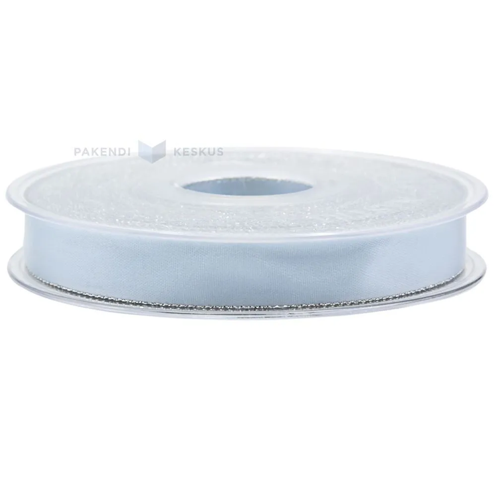 Light blue with silvery edges satin ribbon 15mm wide, 20m/roll
