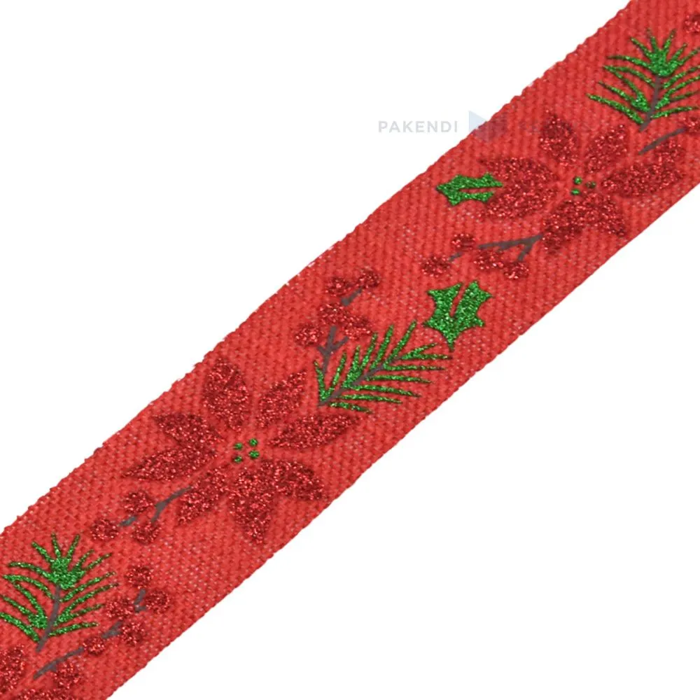 Red with poinsettia print polyester ribbon 21mm wide, 10m/roll