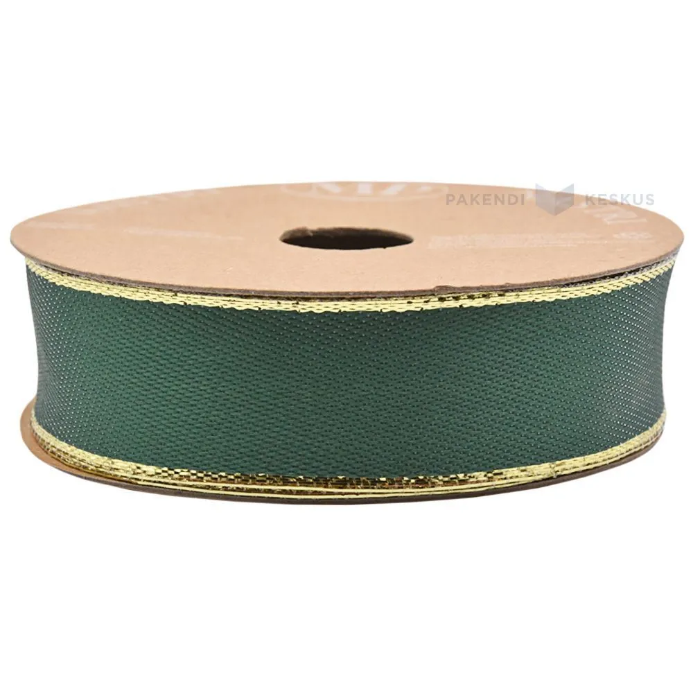 Green with golden edges satin double-sided ribbon 25mm wide, 10m/roll