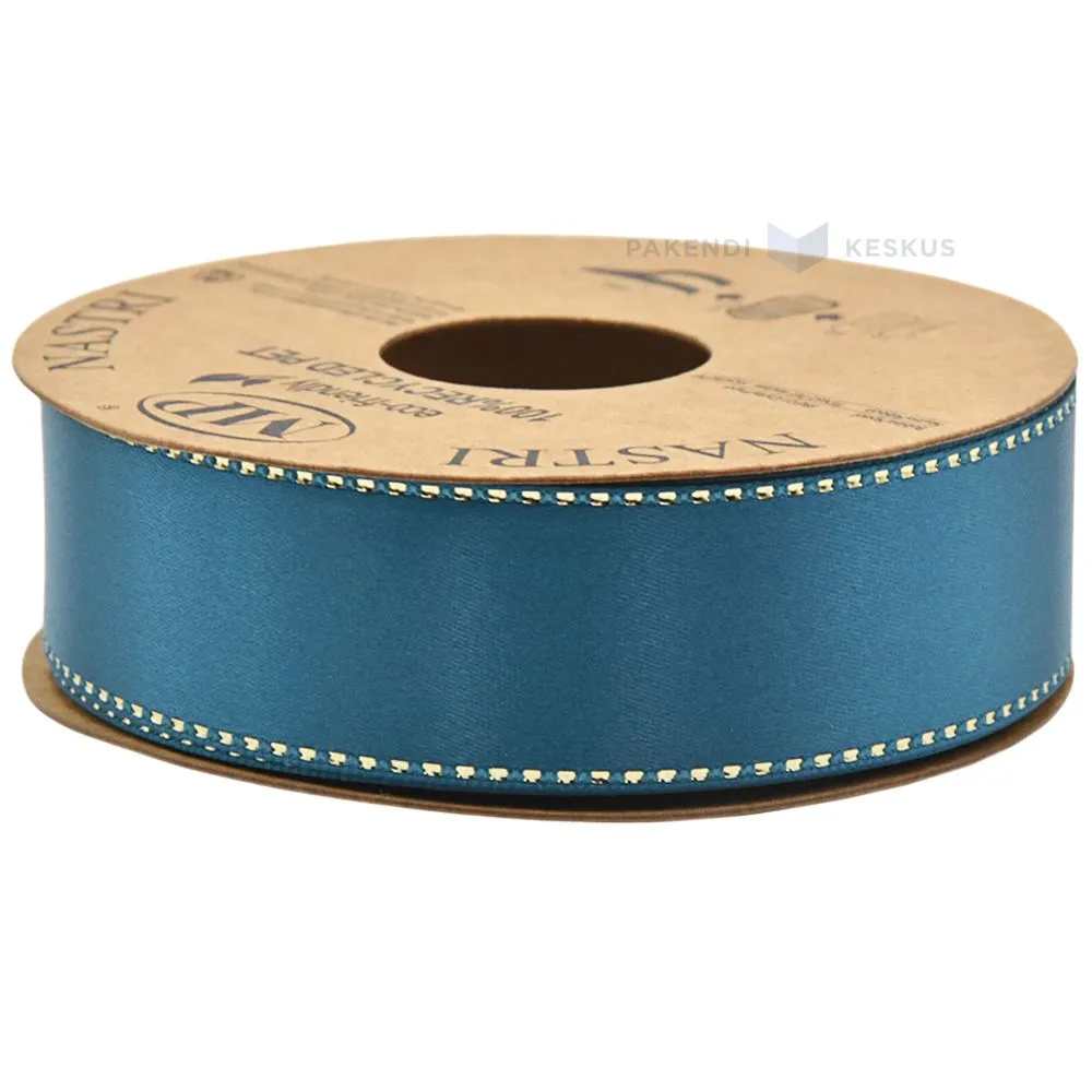 Greenish-blue with shiny edges polyester ribbon 25mm wide, 20m/roll