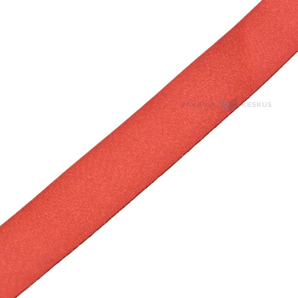 Red satin and lurex ribbon 25mm wide, 25m/roll