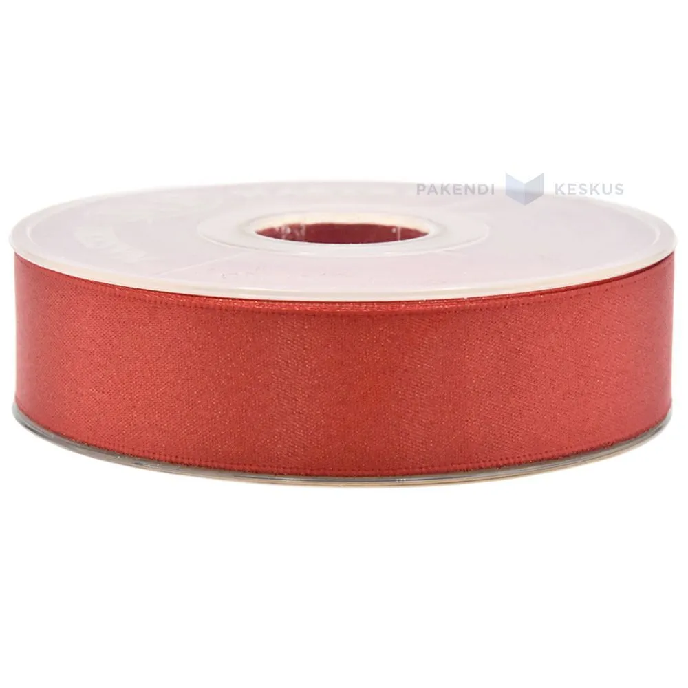 Red satin and lurex ribbon 25mm wide, 25m/roll