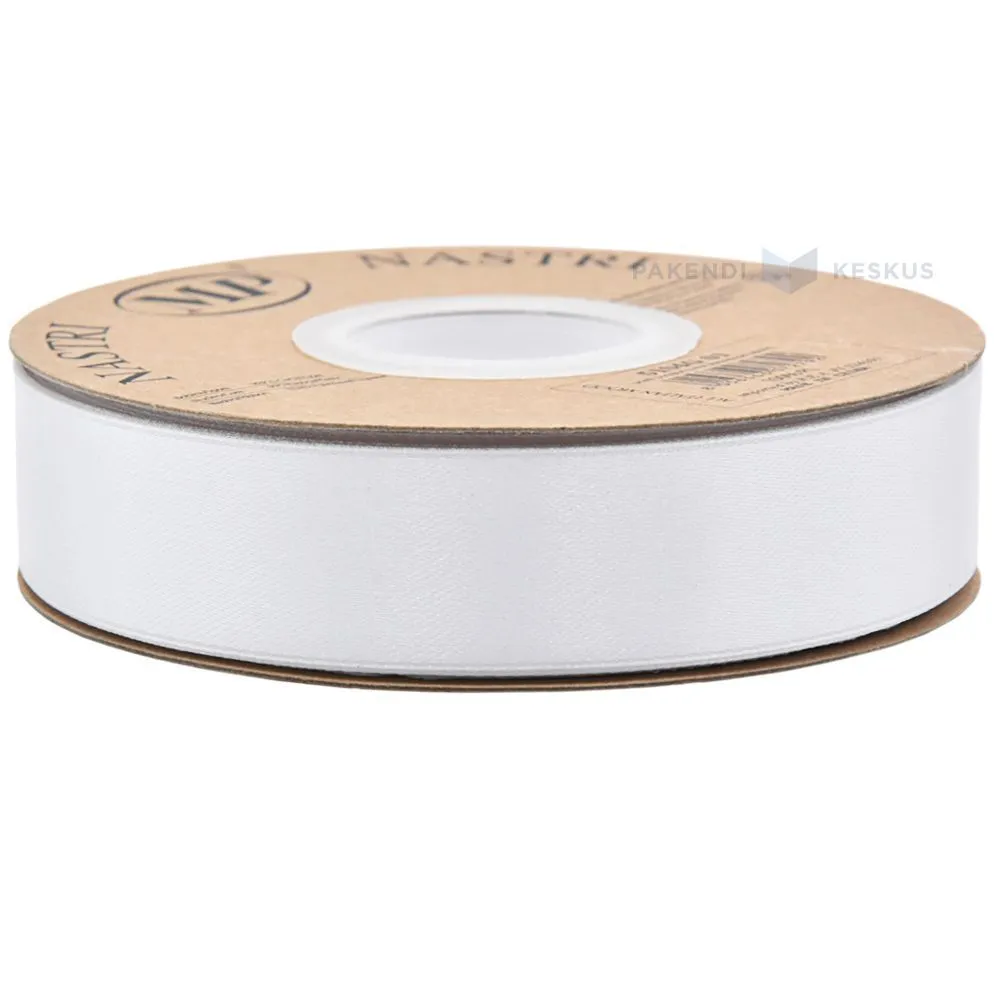 Valge satiinist kinkepael 25mm lai, rullis 50m