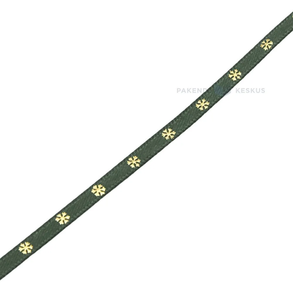 Green with golden snowflakes satin ribbon 4mm wide, 25m/roll