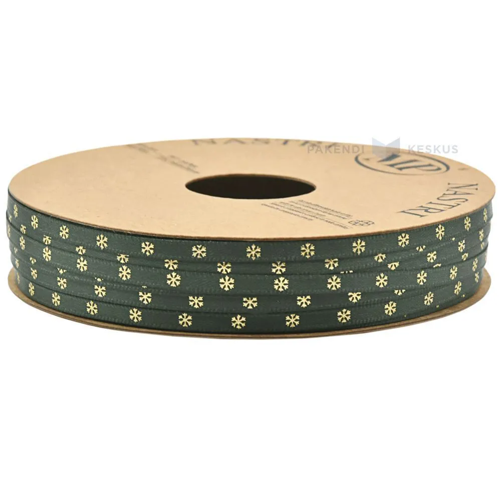 Green with golden snowflakes satin ribbon 4mm wide, 25m/roll