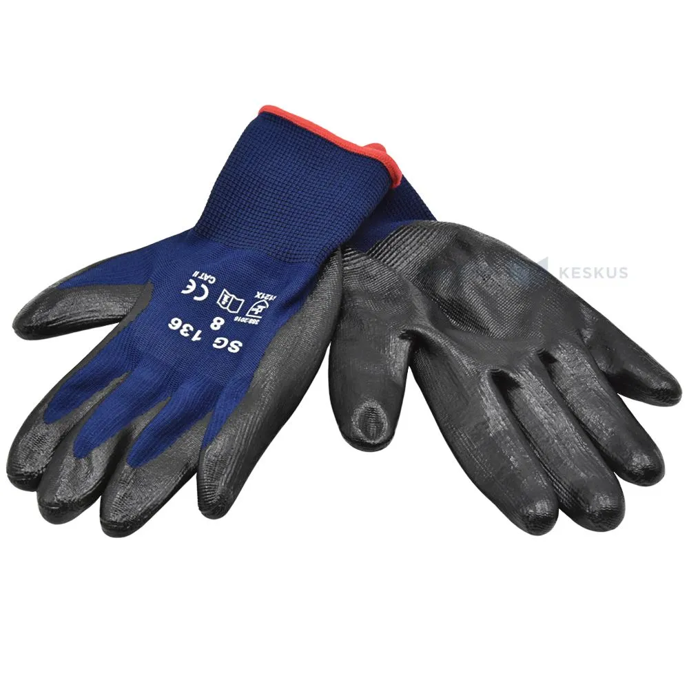 Blue polyester gloves on palm nitrile nr. 8