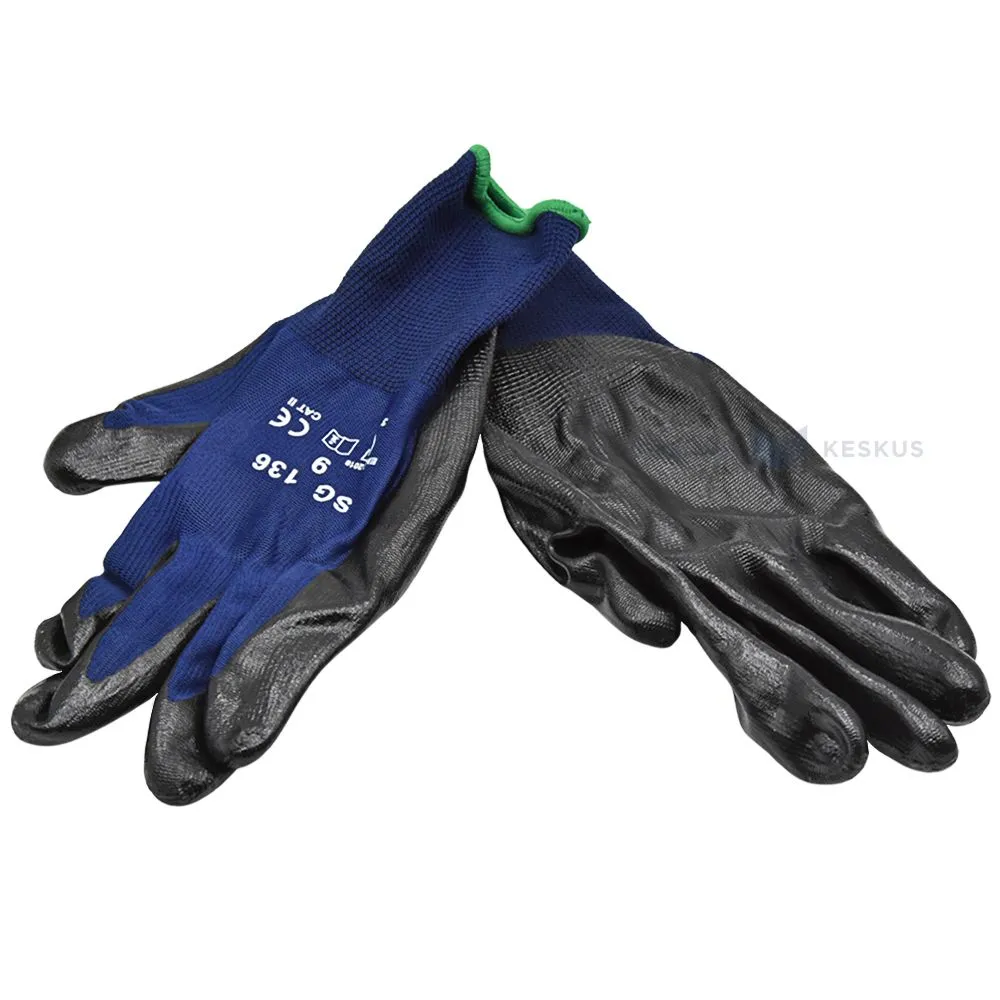 Blue polyester gloves on palm nitrile nr. 9