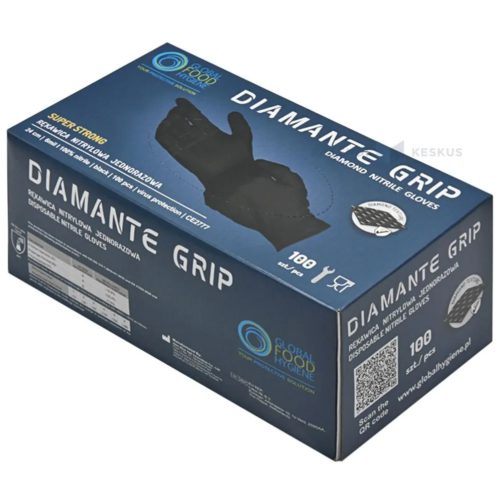 Black nitrile gloves non-powdered L nr. 8-9 structured DIAMANTE GRIP, 100pcs/pack